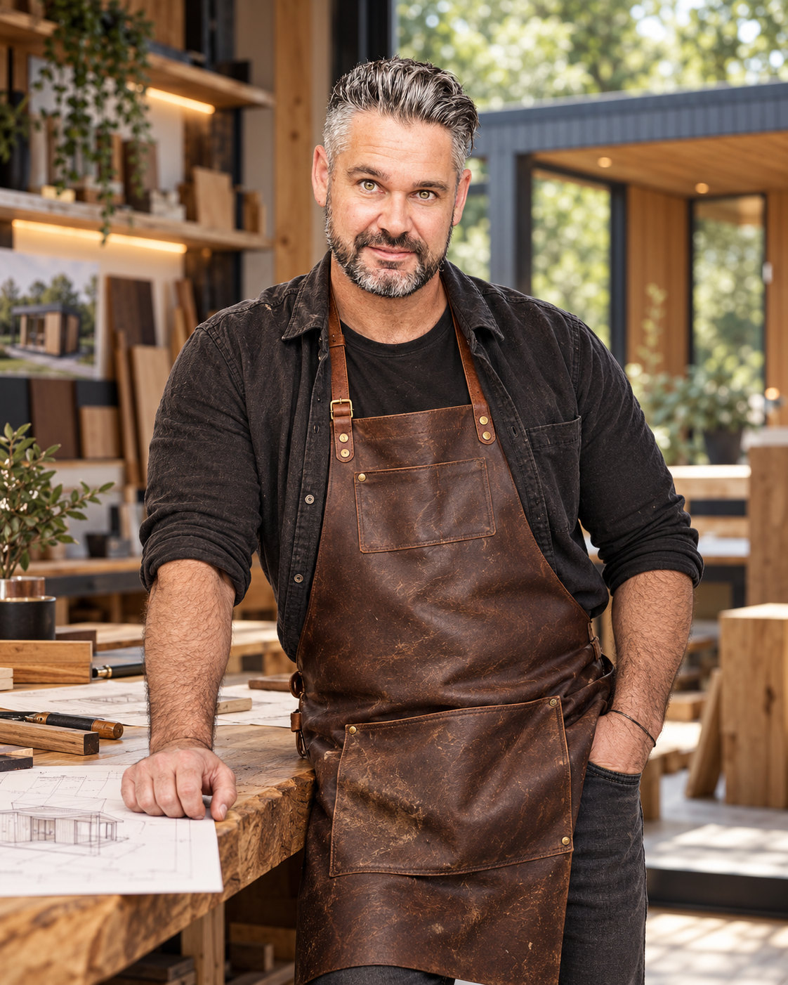 Brendan Rawlings, founder of Zen Garden Studios, in a leather apron at his workbench with studio drawings