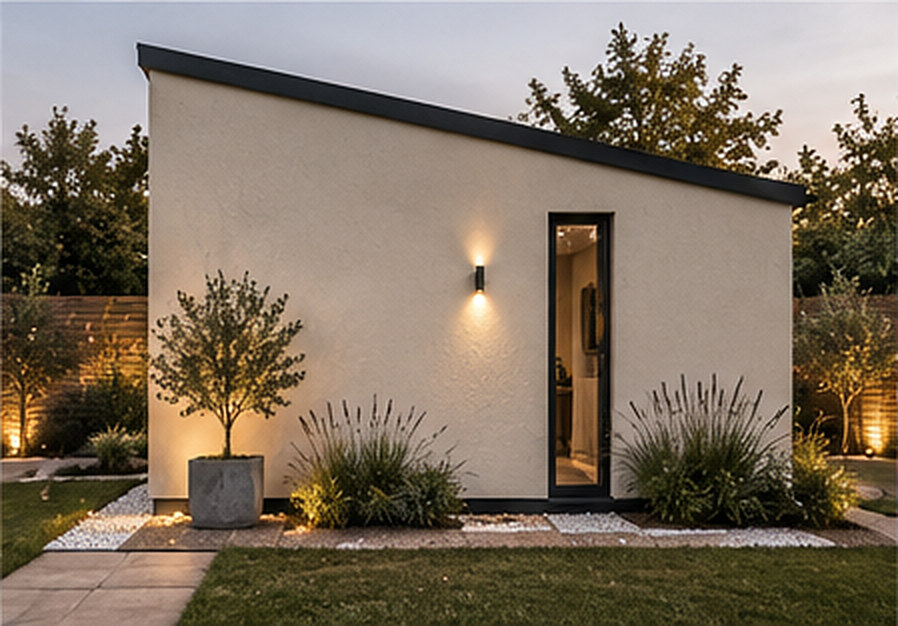 Side of a rendered garden studio with a slim glazed door, wall light and planting