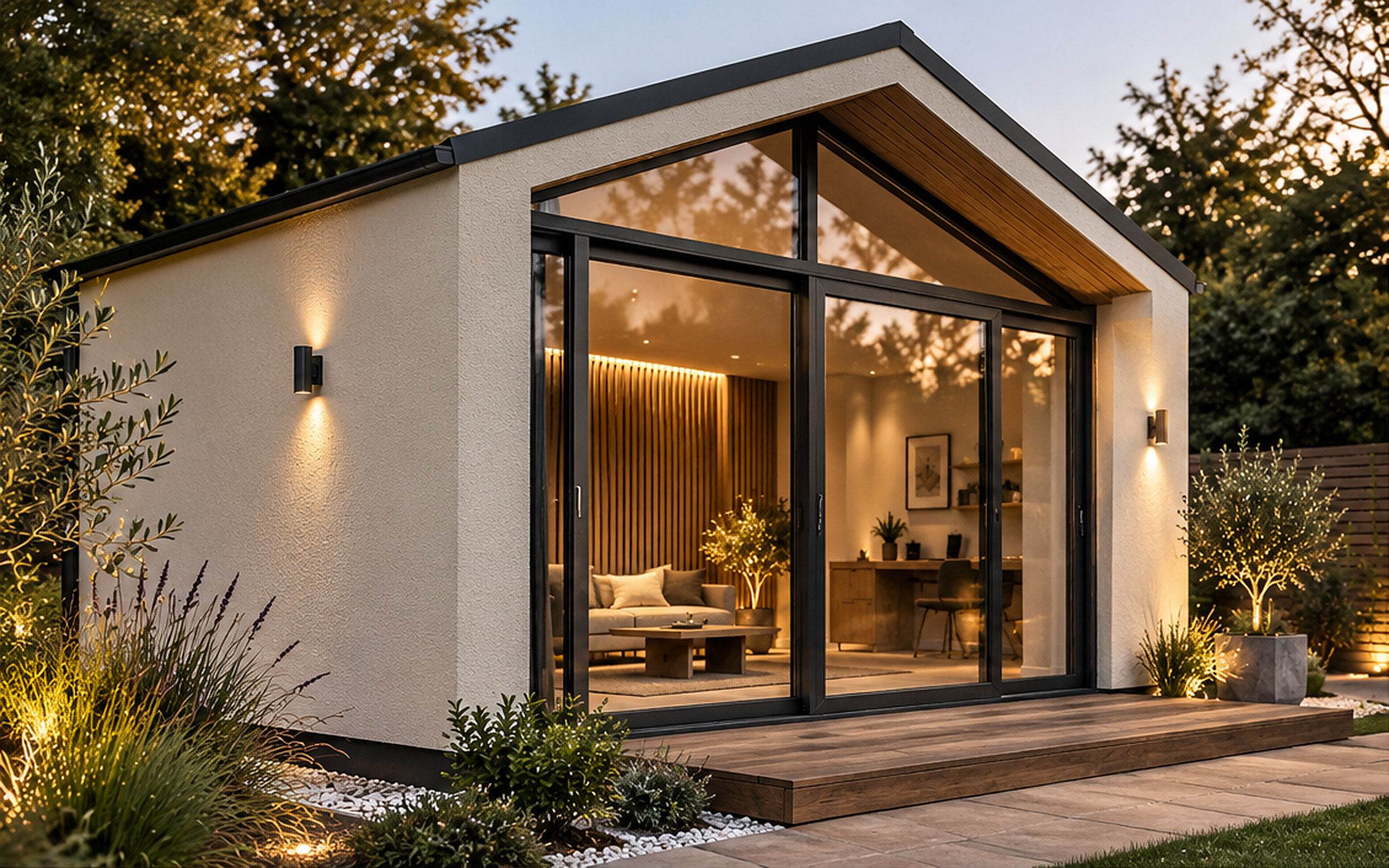 Pitched-roof garden studio with a pale architectural render finish, full-height glazed gable and timber soffit, lit at dusk
